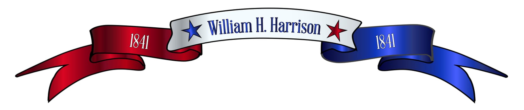 A red white and blue satin or silk ribbon banner with the text William H Harrison and stars and date in office