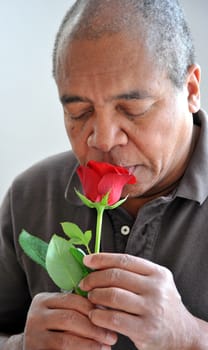 African american male smelling the scent of a rose on valentine day.