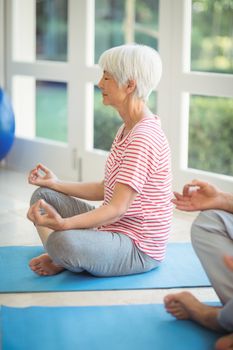 Senior couple performing yoga on exercise mat at home