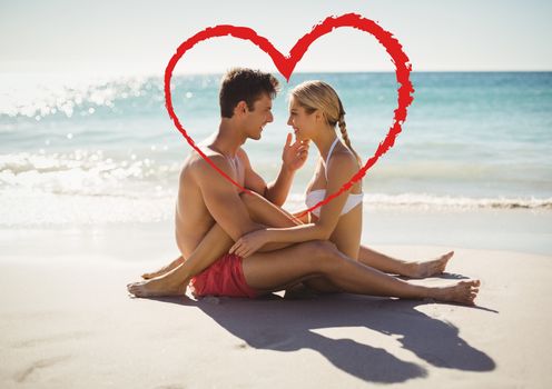 Composite image of romantic couple in love at beach