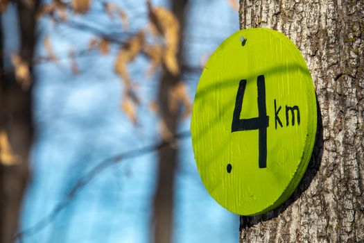 A trail marker nailed to a tree shows a distance of 4 kilometers traveled along a nature trail. The wooden sign is painted green and viewed close up, with nearly-bare trees out of focus behind it.