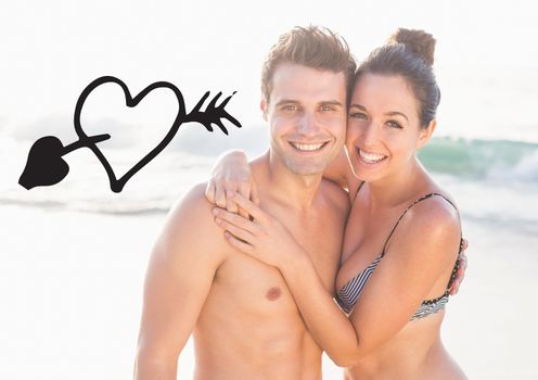 Composite images of romantic couple embracing on beach with heart shape