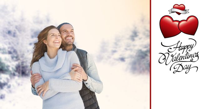 Composite image of romantic couple having fun and valentine text