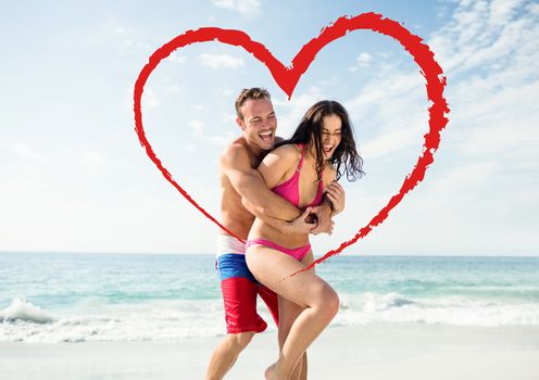 Composite image of romantic couple having fun at beach