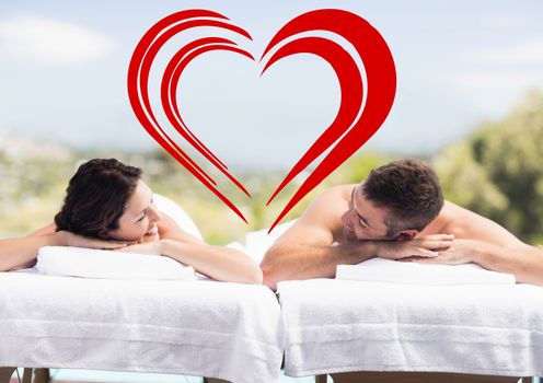 Composite image of couple relaxing together at spa center after a beauty treatment