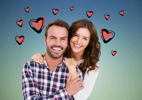 Portrait of romantic couple against hearts background