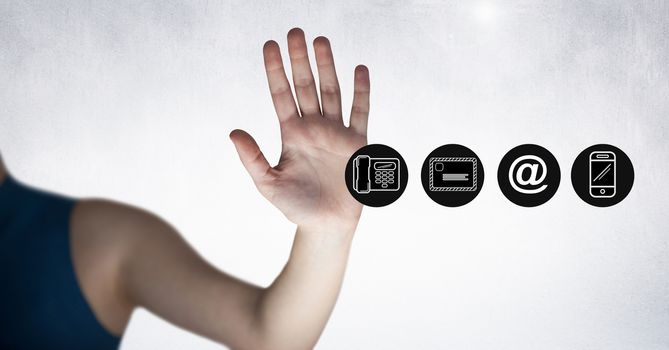 Close-up of hand beside communication icon set against white background