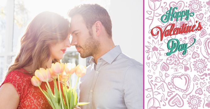 Composite image of romantic couple facing each other with valentines day text