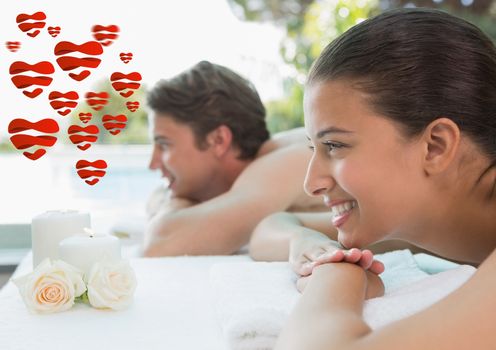 Composite image of couple relaxing together at spa center after a beauty treatment