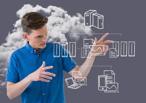 Conceptual image of man touching communication and connection model against cloud