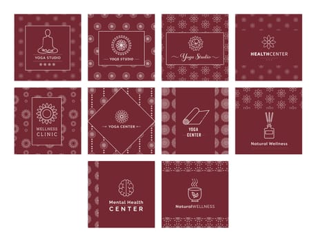 Vector icon set of various yoga and fitness centers against white background