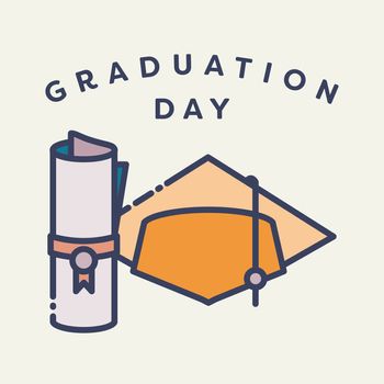 Vector image of graduation cap and degree with text graduation day against white background
