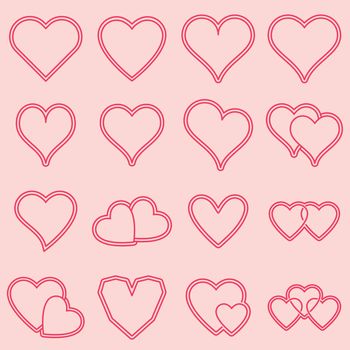 Vector icon set of various heart shapes on pink background