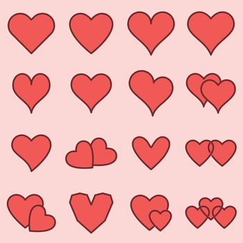 Vector icon set of various heart shapes on pink background