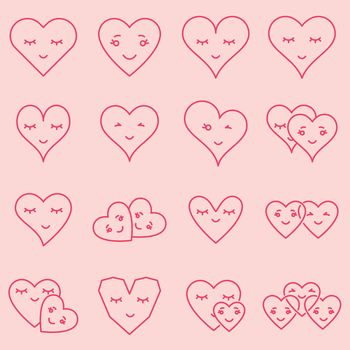 Vector icon set of various heart shapes on pink background