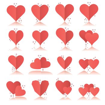 Vector icon set of various heart shapes on white background