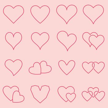 Vector icon set of various heart shapes on pink background