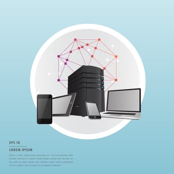 Vector of lorem ipsum text and electronic devices on blue background