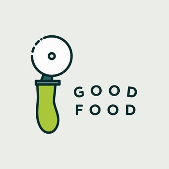 Vector image of pizza cutter with text good food against white background