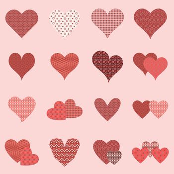 Vector illustration of various heart shapes on pink background