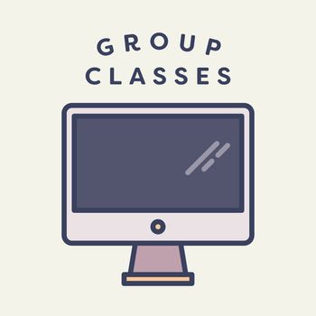 Vector image of desktop pc with text group classes against white background