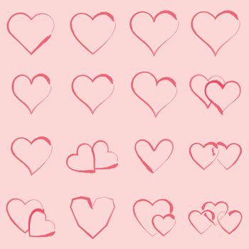 Vector icon set of various heart shapes on pink background