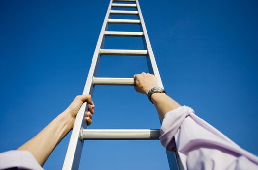 Personal perspective of a businessman climbing a ladder themes of point of view success motivation