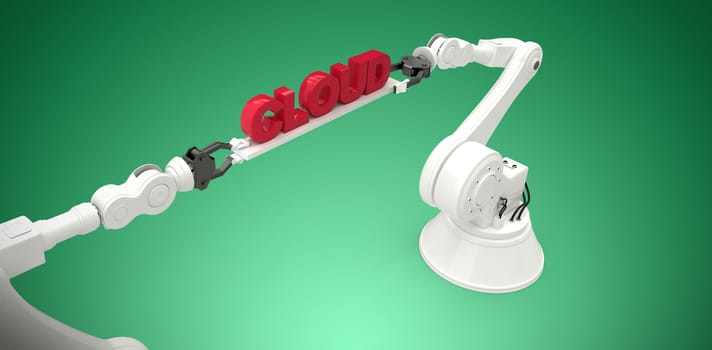 Digitally composite image of robotic hands holding red cloud text  against green vignette