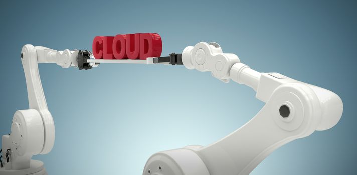 Robotic hands holding red cloud text against white background against grey vignette