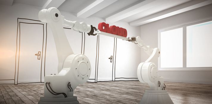 Computer generated image of mechanical robotic hands holding red cloud text against doodle doors in room