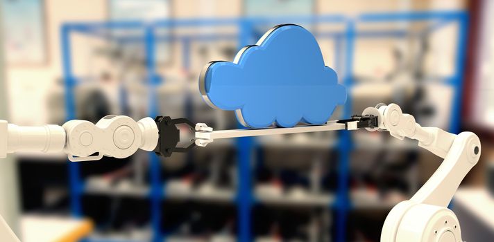 Robotic hands holding blue cloud against electric equipment on a shelf