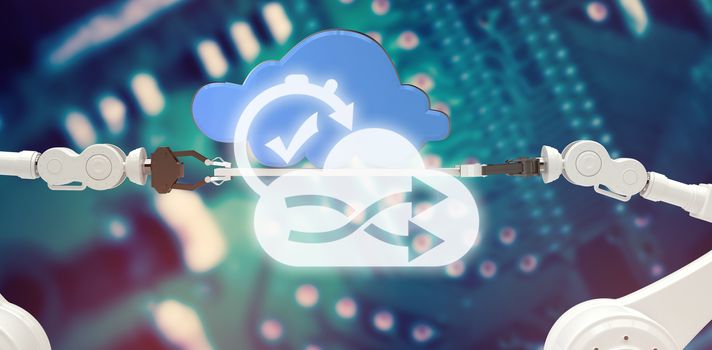 Digital image of cloud and clock with tick mark against blue printed circuit board