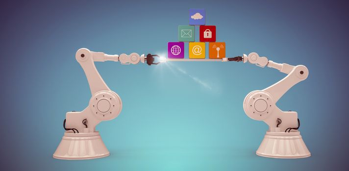 Digitally composite image of robotic hands holding computer icons against blue vignette background