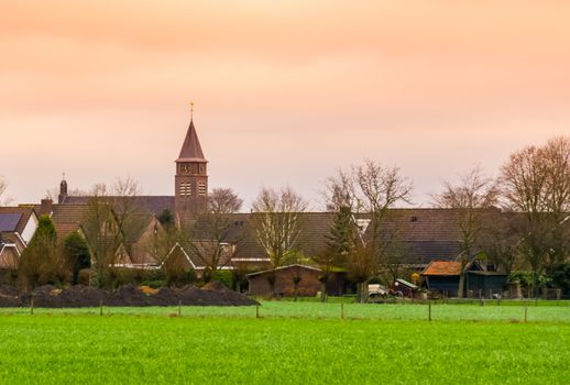 skyline of rucphen during sunset, a small rustic village in North Brabant, The Netherlands