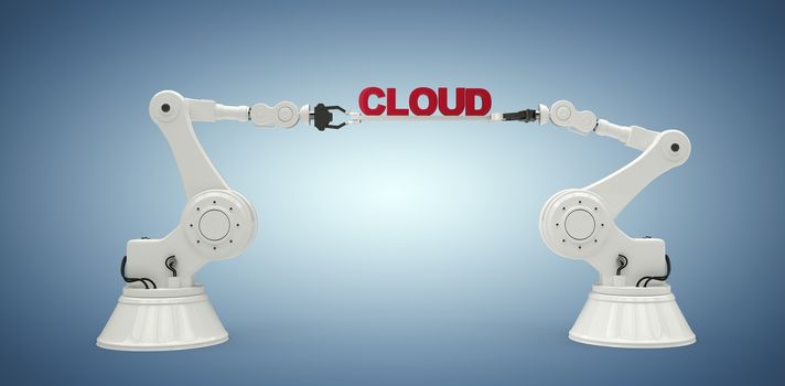 Computer generated image of mechanical robotic hands holding cloud text against purple vignette