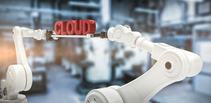 Robotic hands holding red cloud text against white background against factory