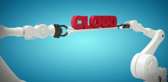 Metallic robotic hands holding cloud text on white background against blue vignette background