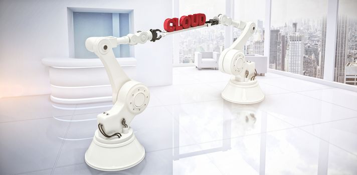 Robotic hands holding red data text against white background against modern room overlooking city