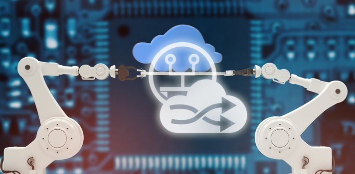 Cloud with shuffle symbol against connectivity antenna  against blue electronic circuit