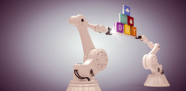 Robotic hands holding computer icons over white background against purple vignette