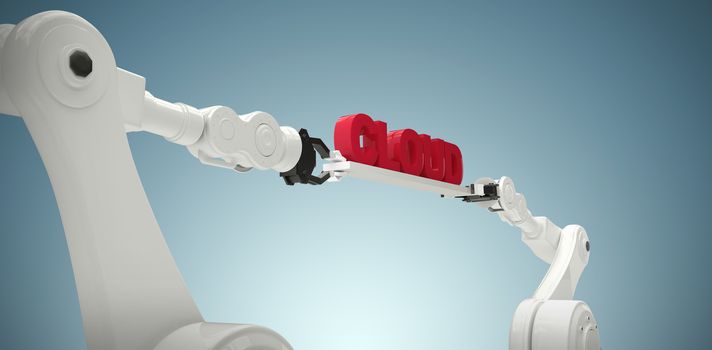 Mechanical robotic hands holding cloud text against grey vignette