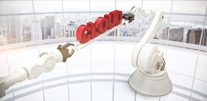 Composite image of mechanical robotic hands holding cloud text against modern room overlooking city