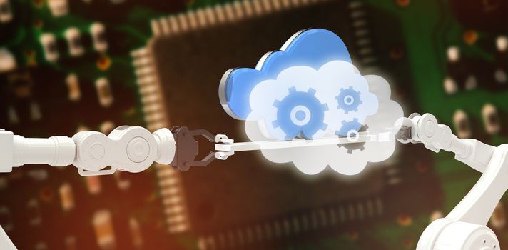 Cogs and wheels in cloud against green and black electronic circuit