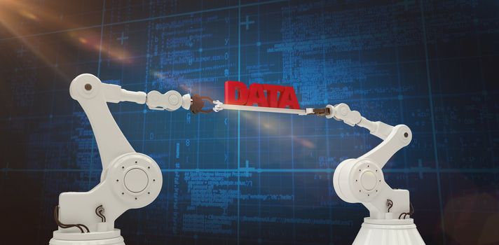 Robotic hands holding red data text over white background against blue background with vignette