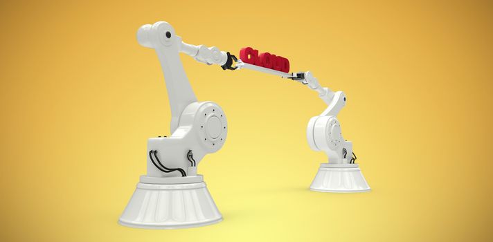 Computer generated image of mechanical robotic hands holding red cloud text against yellow vignette