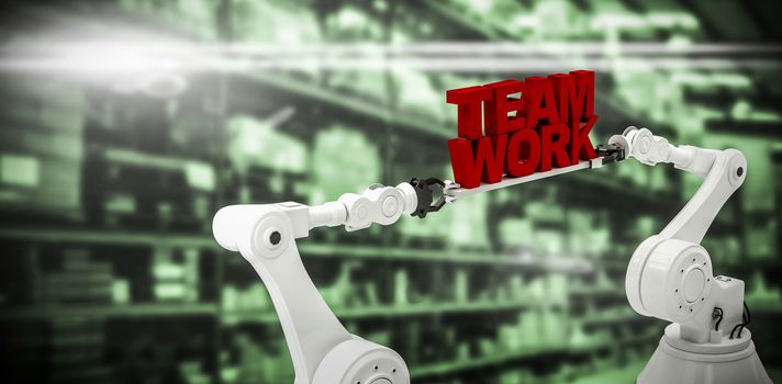 Metallic robotic hand holding team work text over white background against warehouse isle
