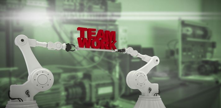 Mechanical hands holding red team work message on white background against close-up of industrial machinery 