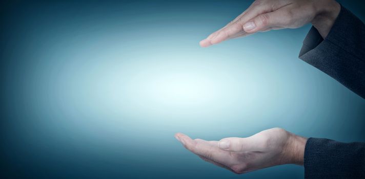 Woman hand gesturing against white background against grey vignette