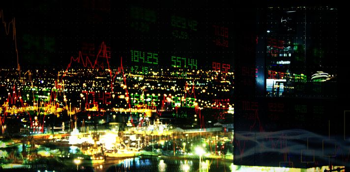 Stocks and shares against illuminated city against sky at night