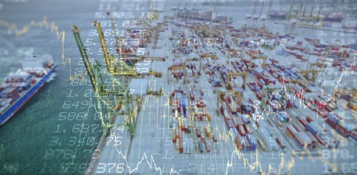 Stocks and shares against cargo containers by sea at commercial dock